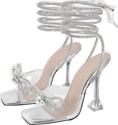 Party Heels With Bow, Glamorous Silver Heels With Bow, Party Sandals With Bow, Glamorous Bow Sandals For Night Out, Party Sandals With Bow And High Heel, Bow Heels, Clear Heels, Heeled Sandals, Heel Sandals