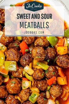 sweet and sour meatballs with peppers in a bowl