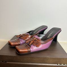 Prada Brown Purple Leather Oxford Style Tassel Vintage Square Toe Loafer Mule Heel. Wear Pictured, Tagged 36.5 Made In Italy Purple Leather, Loafer Mules, Leather Mules, Prada Shoes, Heeled Mules, Prada, Loafers, Women Shoes, Heels