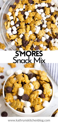 a bowl full of s'mores snack mix with chocolate chips and marshmallows