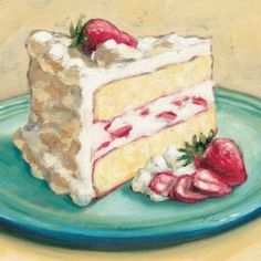 a painting of a piece of cake and strawberries on a green plate with the words, strawberry shortcake