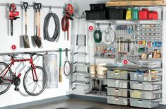 an organized garage storage area with lots of tools and supplies on the wall above it