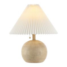 a wooden table lamp with a white shade on the base and a light bulb attached to it