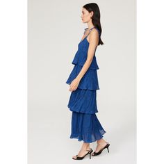 Blue floral chiffon (100% Polyester). Lining (100% Recycled Polyester). A-line. Sleeveless. V-neck. Pull on. 54" from shoulder to hemline. Imported. Pleated Tiered Dress, Rent The Runway, Closet Designs, Floral Chiffon, Club Monaco, Tiered Dress, Pleated Dress, Blue Floral, Monaco