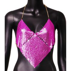 Pink metal halter top. Glamorous Triangle Halter Top, Metallic Halter Top For Summer Party, Glamorous Summer Halter Top For Festival, Summer Party Metallic Halter Top, Glamorous Summer Festival Halter Top, Metallic Sleeveless Halter Top For Night Out, Sequin Halter Neck Top For Club, Edgy Halter Top For Summer Parties, Sequined Halter Neck Top For Club