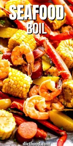 grilled shrimp and corn on the cob with text overlay that reads garlic butter seafood boil