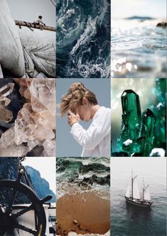 a collage of photos with different things in them including water, rocks and boats