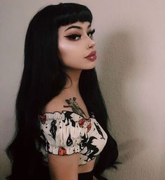 Goth Tiki Outfit, Pretty Goth Makeup Looks, Betty Page Hair, Goth Bangs Long Hair, Gothabilly Wedding, Gothabilly Aesthetic, Clean Goth Makeup, Long Hair Baby Bangs, Gothic Haircuts