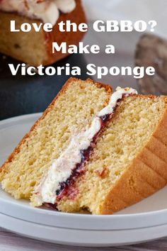 a piece of cake on a plate with the words love the glbo? make a victoria sponge