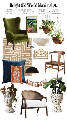 a collage of furniture and decor items with the words bright old world minimalist