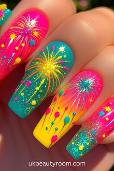 Bright nails are colorful and eye-catching, perfect for adding a pop of excitement to any look.  They are also a great choice for summer!  This post contains 39 ideas for bright nails, including: simple, cute, inspo, classy, elegant, fun, funky, edgy, neon, ideas, art, summer, designs, acrylic, short, for spring, almond. Neon Fireworks Nails, Fake Nail Design Ideas, Summer Nail Tip Designs, Fun Short Nails Art Ideas, Forth Of July Nail Art Designs, Neon Glitter Nails Summer, Cute Neon Nails Short, Trendy Summer Nails Designs, Purple And Yellow Nails Designs