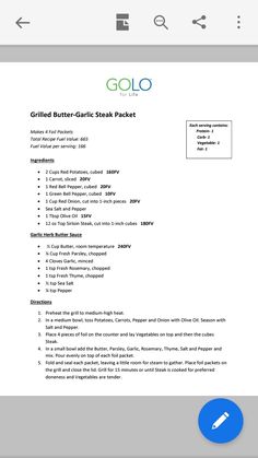 the menu for grilled butter garlic steak packet is displayed on an iphone screen,