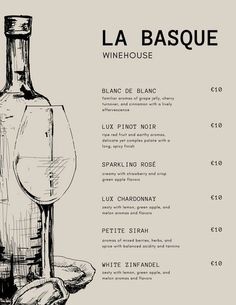 a menu with a wine glass and bottle