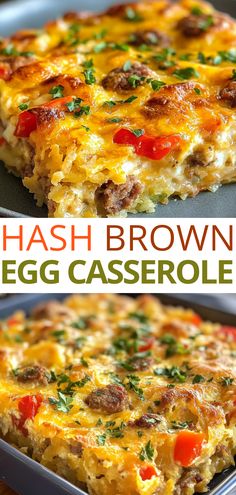 hash browns egg casserole in a pan with the title above it that reads hash browns egg casserole