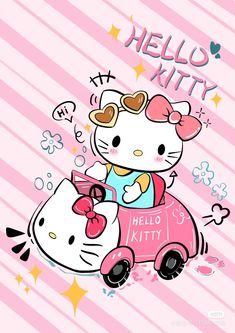 hello kitty is driving a pink car