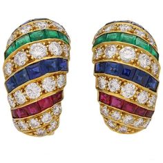 Cartier vintage ruby, sapphire, emerald and diamond earrings, circa 1978. For Sale at 1stDibs Ruby Gold Earrings, Emerald And Diamond Earrings, Cartier Vintage, Emerald Diamond Earrings, Sapphire And Diamond Earrings, Gem Diamonds, Cartier Jewelry, Gold Diamond Earrings, Ruby Sapphire