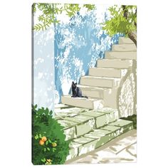 a black cat sitting on steps next to trees