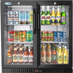 two refrigerators filled with different types of beverages