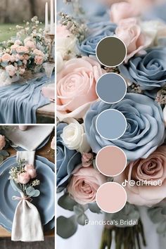 a bouquet of flowers is sitting on a table with blue and pink colors in it