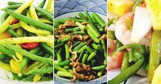 three different pictures of food including green beans, shrimp and other foods on plates with chopsticks