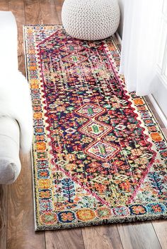 a multicolored runner rug on the floor