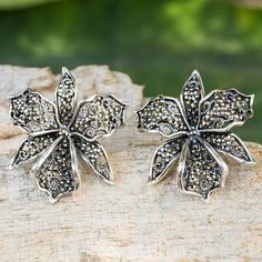 Marcasite button earrings, 'Jungle Orchid' - Fair Trade Sterling Silver Earrings with Marcasite Orchid Ring, Cattleya Orchids, Xmas Gifts For Mom, Marcasite Earrings, Cattleya Orchid, Diamond Jewelry Set, Marcasite Jewelry, Sterling Silver Heart Necklace, Silver Ring Set