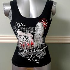 Black Italian Tank Top. Size S. Brand New. Black Cotton Tank Top With Logo Print, Black Logo Print Tank Top For Summer, Black Letter Print Tank Top For Spring, Black Graphic Print Tank Top For Spring, Black Tank Top With Graphic Print For Spring, Chic Leather, New Color, Beaded Necklace, Tank Top