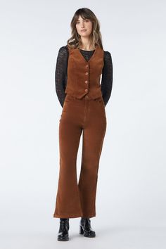 Corduroy vest- a retro piece to layer over a blouse or knit top for a groovy 70's look- fitted vest - deep v neckline- front button closure- pointed hem shaping- made of a cotton, elastane blend - available in toffee and teal Product Code: PGFV222 70s Look, Embroidered Pants, Pants Women Fashion, Brown Suits, Tailored Design, Trouser Suits, High Waisted Pants, Black Cotton, Suits For Women