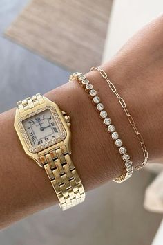 Watch, jewellery, bangles, female watches Gold Watch And Bracelet Aesthetic, Women's Luxury Watches, Outfits With Bracelets, Layered Watch And Bracelets, Chic Bracelet Stack, Yellow Gold Jewelry Aesthetic, Gold Watch And Bracelet Stack, How To Accessorize With Jewelry, Stacked Bracelets With Watch