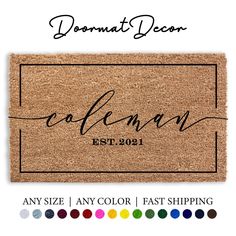 personalized door mat with the name and date on it in black ink, surrounded by color