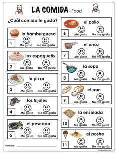 the spanish language worksheet with pictures and words to help students learn how to use food