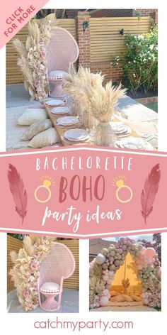 an outdoor party with pink chairs and flowers on the table, and text that reads bachelor bo