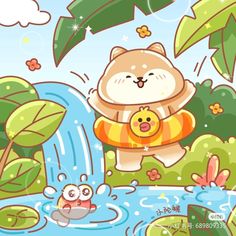 a cartoon cat holding a duck in the water