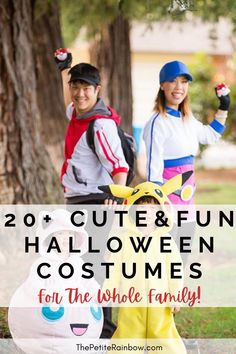 two kids dressed up in pokemon costumes with text overlay that reads, 20 cute and fun halloween costumes for the whole family