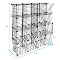 the wire shelving unit is shown with measurements for each section and four sections on it