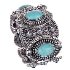 Turquoise Antique Silver Color Plated Folk Style & For Woman & With Rhinestone Stretch Bracelet 7inch Nepal Bracelets, Ethno Style, Vintage Bangle Bracelets, Vintage Bangles, Turquoise Boho, Bleu Turquoise, Rhinestone Studs, Enamel Jewelry, Bangles Jewelry