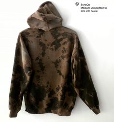 NEW ONE OF A KIND custom designed Black with Brown/Rust/Gray Unisex (Men's) Medium Hoodie with splashes and accents. This Hoodie is machine washable pre washed, and 50% cotton/50% Polyester. . GILDAN Heavy Blend Fleece Sweatshirt 8oz. SIZE: Unisex (Men's) MEDIUM Hoodie According to GILDAN Approx. Chest 21- 22 inches, Body Length 26- 27 inches and Sleeve Length approx. 33-34 inches PLEASE SEE STYLE ON'S OTHER ITEMS AT: http://www.etsy.com/shop/Styleon I try is get the colors as close to actual. P Black Tie Dye Hoodie, Acid Wash Hoodie, Reverse Tie Dye, Sweater Brown, Dye Hoodie, Tie Dye Hoodie, Fleece Sweatshirt, Acid Wash, Black Hoodie