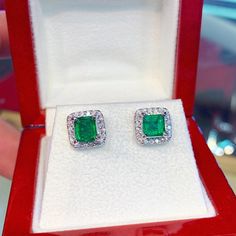 "BRAND-NEW!! ONE OF A KIND, HANDCRAFTED EARRINGS. So Perfect Jewelry proudly presents!! Delicately handcrafted, EXQUISITE, TOP QUALITY EMERALD EARRINGS! Accented with superb quality, natural diamonds, set in handcrafted 18K solid white gold STUD earrings. This pair of emerald stud will pop on the ears, perfect for any occasions! Classy and simple, elegant and charming, with GORGEOUS VIVID Green COLOR, and sparkling diamonds, these earrings sure make a lady feel like a princess! \"You will get th Luxury Diamond Earrings With Halo Setting, 14k White Gold Halo Diamond Earrings For Gift, Platinum Earrings With Halo Design For Gift, Platinum Halo Design Earrings For Gift, Platinum Diamond Earrings With Halo Design As Gift, Green Diamond Earrings With Halo Setting Gift, White Gold Emerald Earrings With Halo Setting, White Gold Stud Earrings, Special Christmas Gift