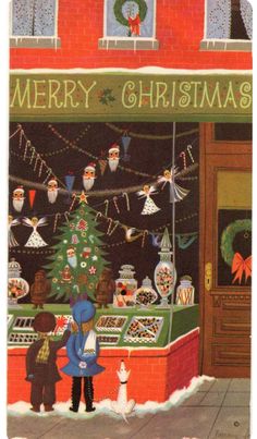 an old fashioned christmas card shows two children looking at a storefront with decorations on it