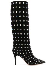 Elegant Knee-high Boots With Rhinestones, Elegant Knee-high Rhinestone Boots, Elegant Rhinestone Knee-high Boots For Party, Elegant Embellished Knee-high Boots, Elegant Heeled Boots With Rhinestones For Night Out, Elegant Rhinestone Knee-high Boots, Elegant Rhinestone Heeled Boots For Night Out, Elegant Embellished Black Heeled Boots, Elegant Black Embellished Heeled Boots