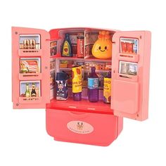 an open pink toy refrigerator filled with lots of different foods and drink items on shelves