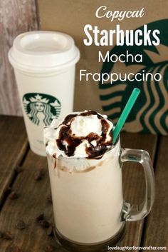 two starbucks drinks with whipped cream and chocolate on top