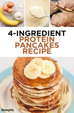 four ingredient protein pancakes recipe with bananas and eggs on top, in front of the image