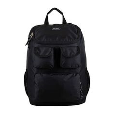 a black backpack with two compartments on the front