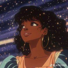 an animated image of a woman looking up at the sky with stars in the background