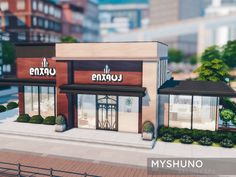 an animated image of a small restaurant on the side of a street in front of buildings