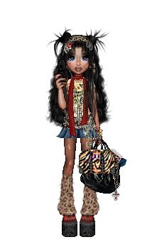 the doll is holding a purse and looking at her cell phone as she stands in front of a white background