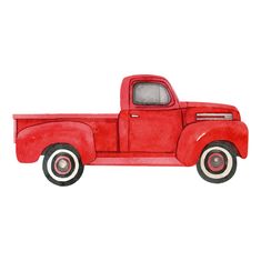 an old red pick up truck painted in watercolor