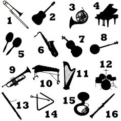 various musical instruments are arranged in the shape of numbers on a white background, vintage style