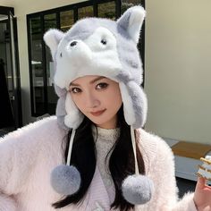 Cartoon Husky Plush Hat Cartoon Husky, Husky Plush, Plush Hat, Cute Husky, Ear Cap, Berets, Autumn And Winter, Black Grey, Lei